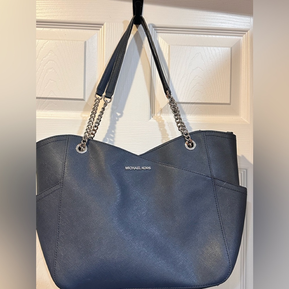 Michael Kors Navy Tote with Silver Chain Accents